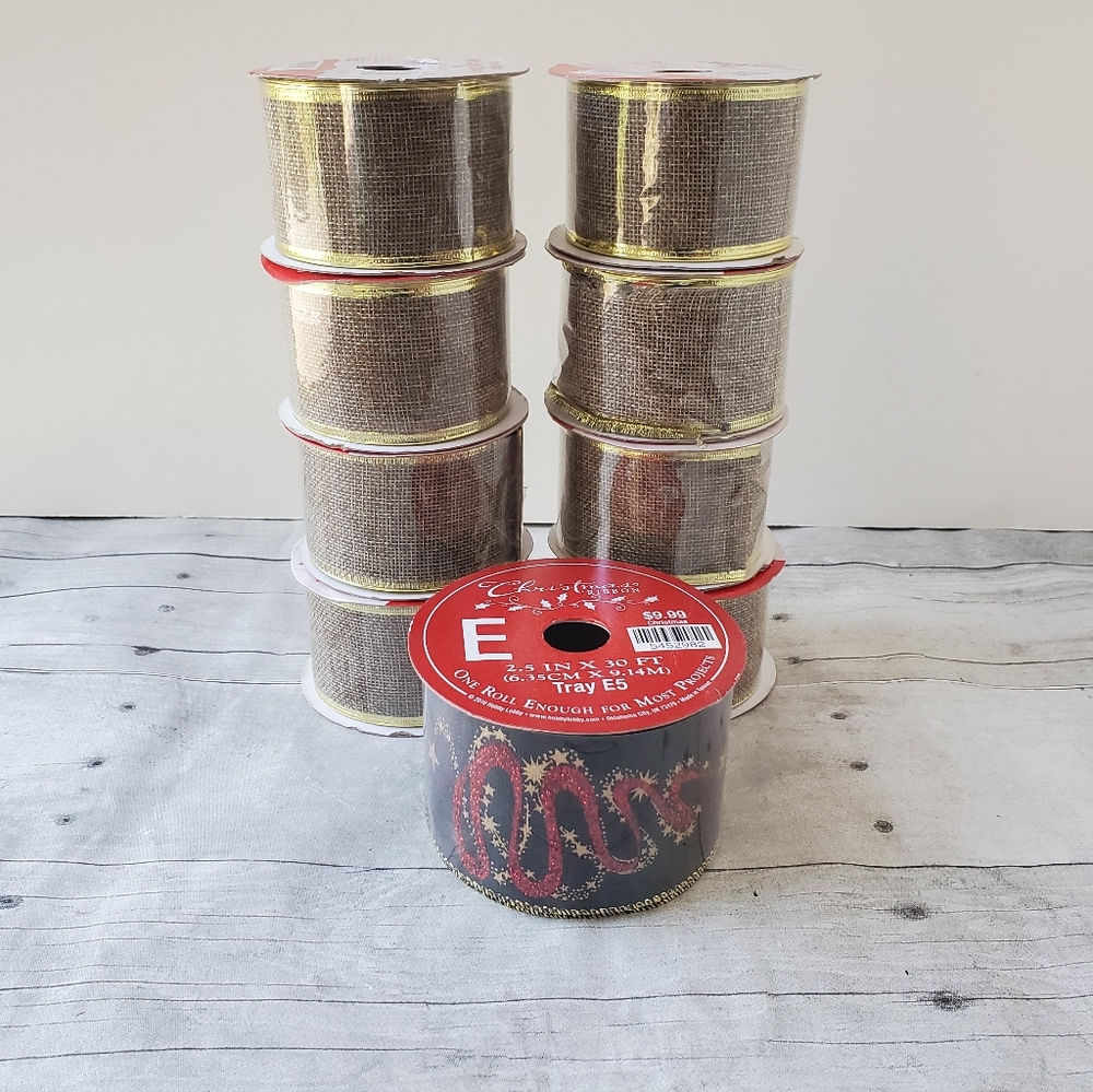 Wire Edged Ribbon Lot 9 Spools 34 Yards Faux Burlap Holiday Metallic Gold Black